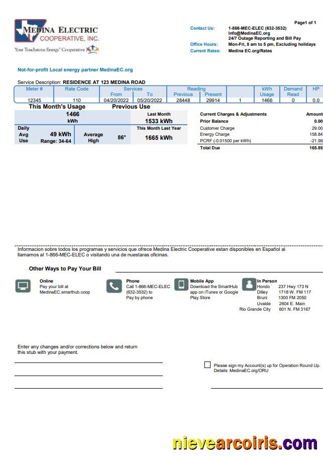 USA Texas Medina Electric utility bill
